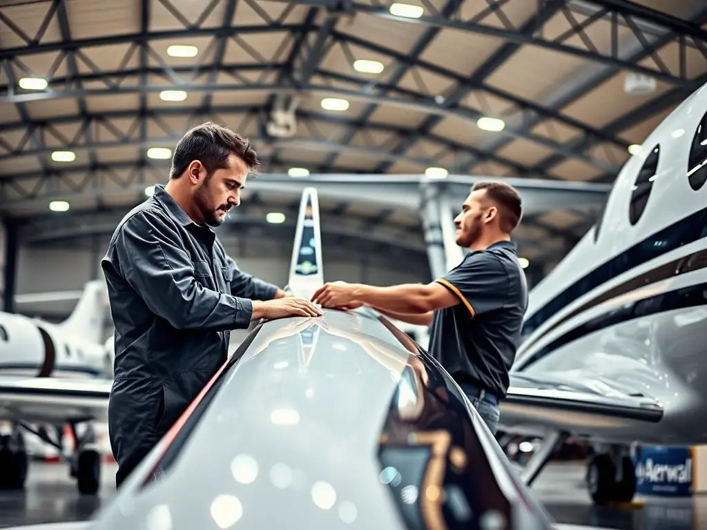 A mechanic carefully repairing the wing of an aircraft in a spacious hangar, with other aircraft undergoing maintenance in the background.